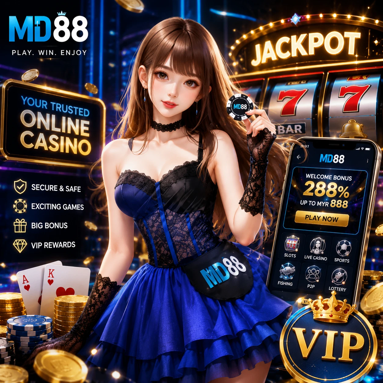 MD88 platform interface showcasing slot games and live casino on desktop and mobile devices