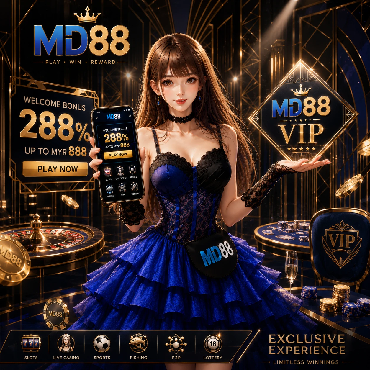 MD88 game library interface displaying slot thumbnails, live casino tables, and sports betting categories